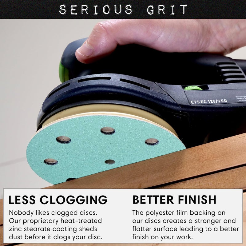 Serious Grit - 5-Inch 9-Hole 120 Grit Sanding Discs - Heavy-Duty Hook & Loop Film Discs - Sandpaper for Random Orbital Sanders - 50 Pack Box - Image 4